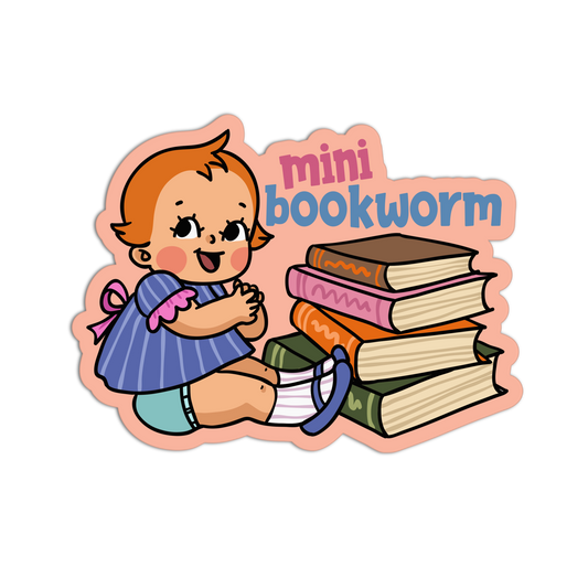 Illustration of a baby with books and 'mini bookworm' text on a white background