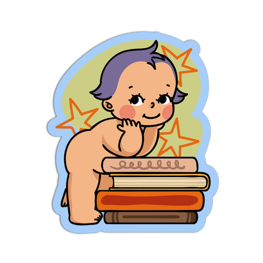 Illustration of a baby with purple hair sitting on books against a starry background