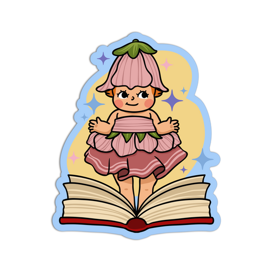 Illustration of a character in a pink dress with a flower hat standing on an open book.