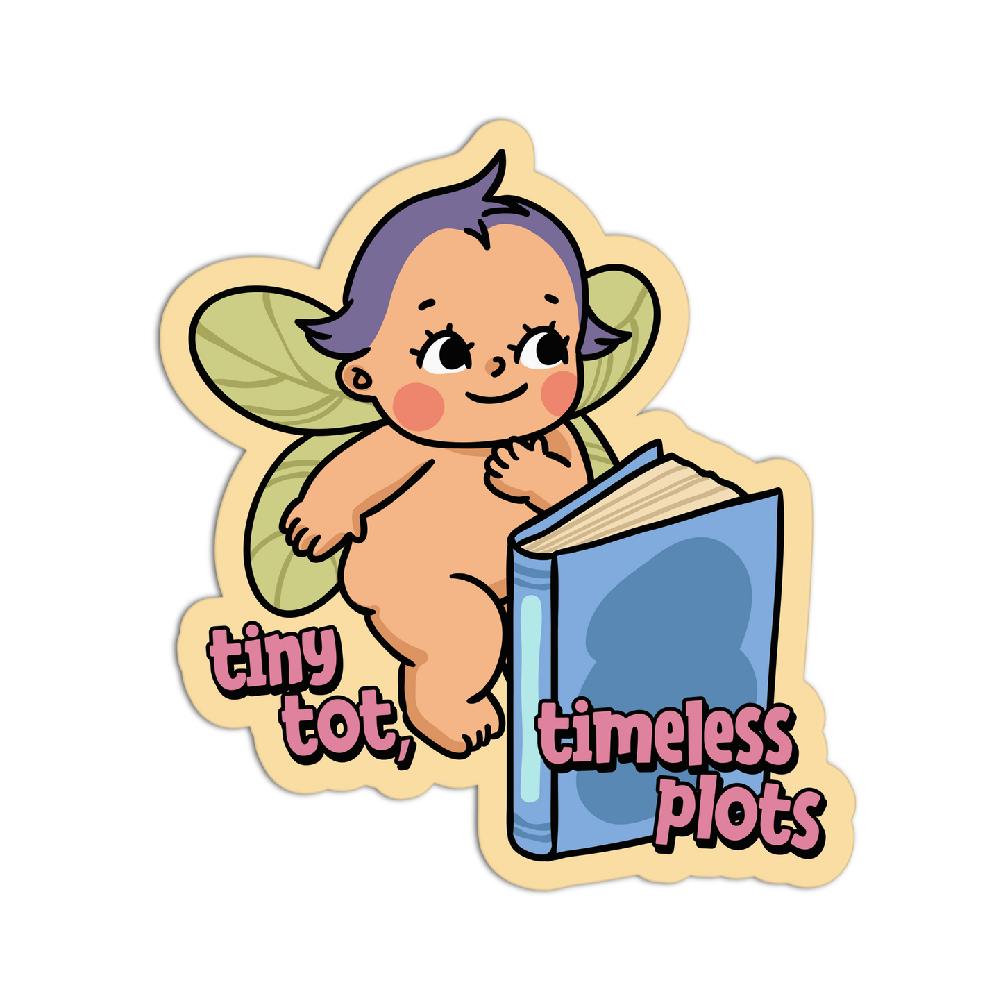 Illustration of a baby fairy holding a book with 'tiny tot, timeless plots' text on a white background.
