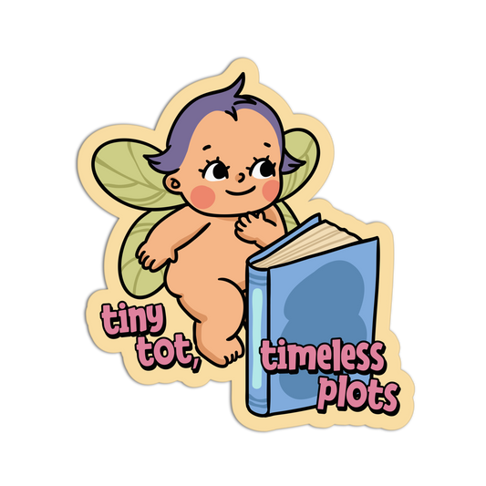 Illustration of a baby fairy holding a book with 'tiny tot, timeless plots' text on a white background.
