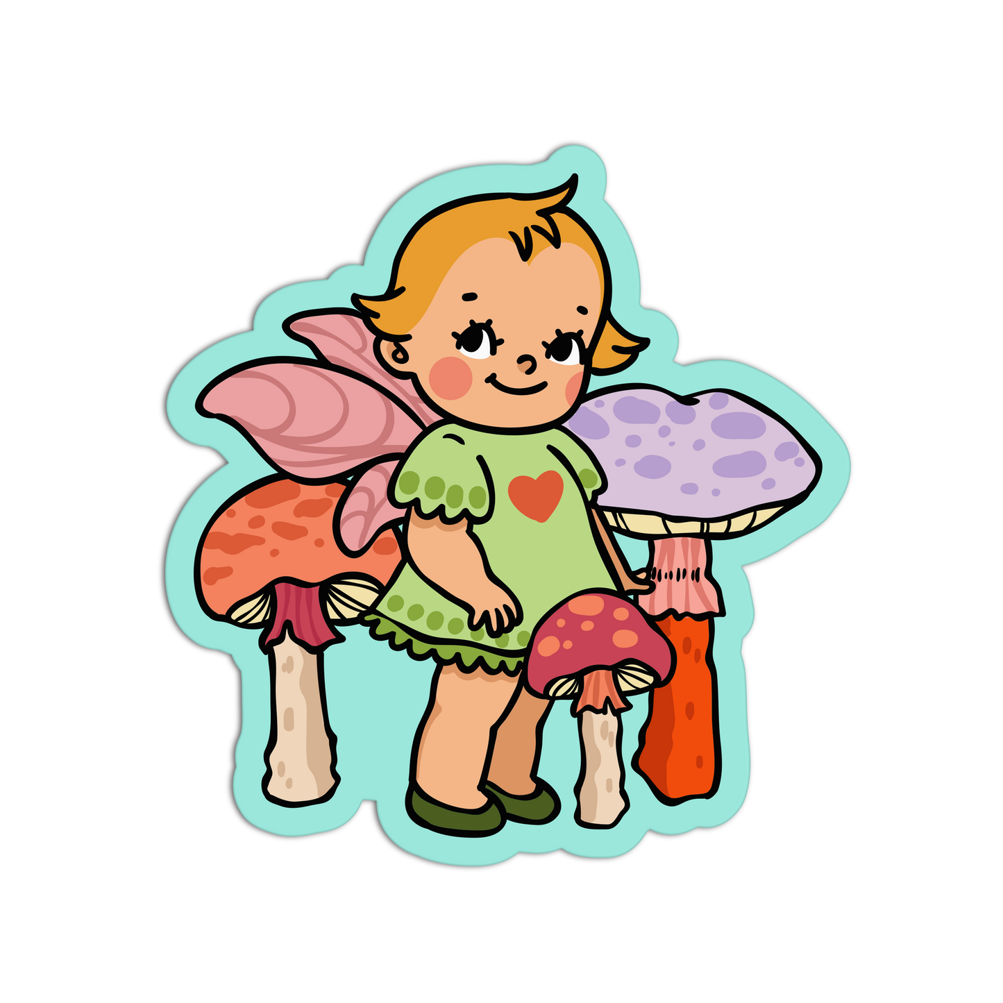 Cartoon fairy character with pink wings and a heart on a green background