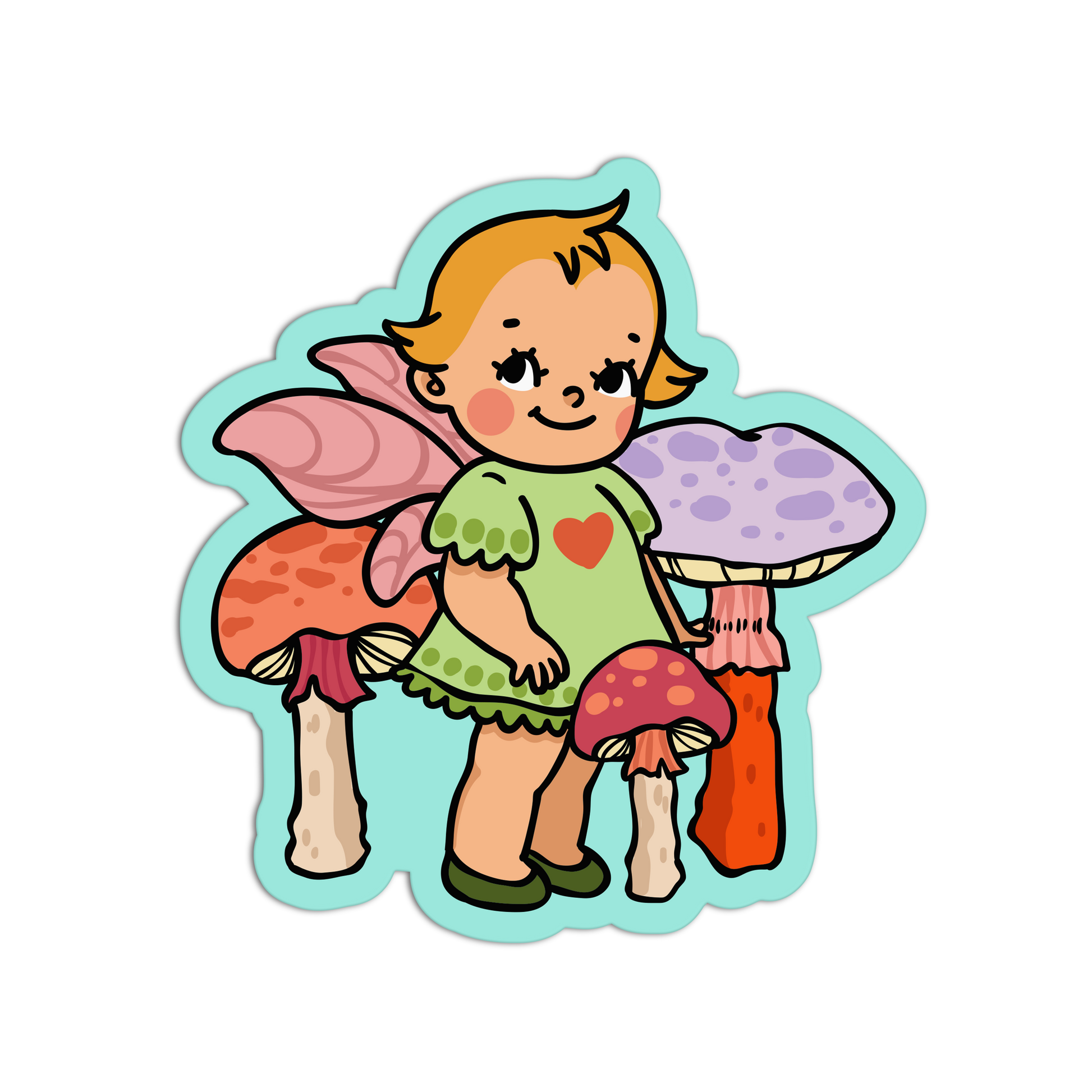 Cartoon fairy character with pink wings and a heart on a green background