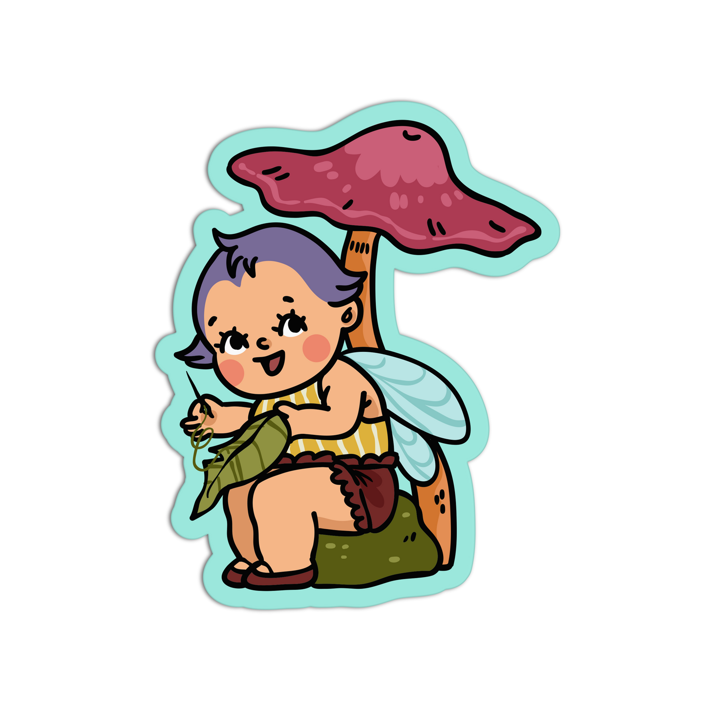 Cartoon character with purple hair, fairy wings, and a red mushroom umbrella on a white background