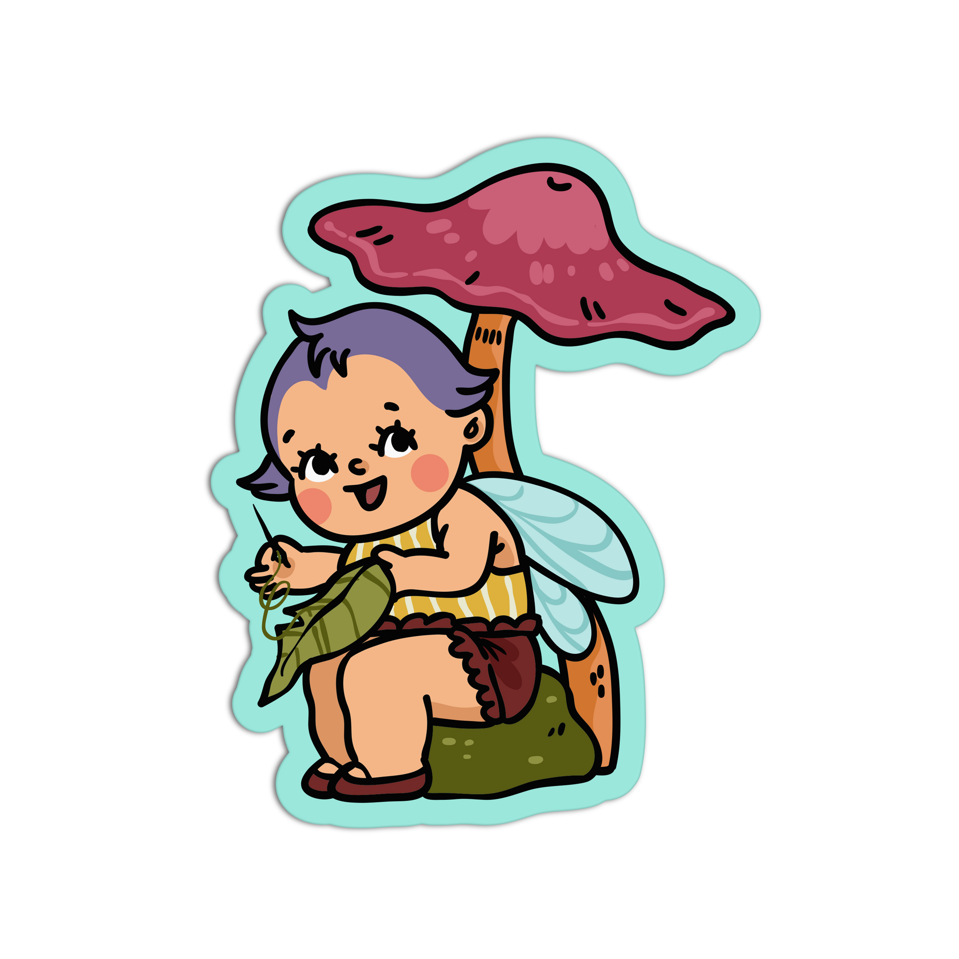 Cartoon character with purple hair, fairy wings, and a red mushroom umbrella on a white background
