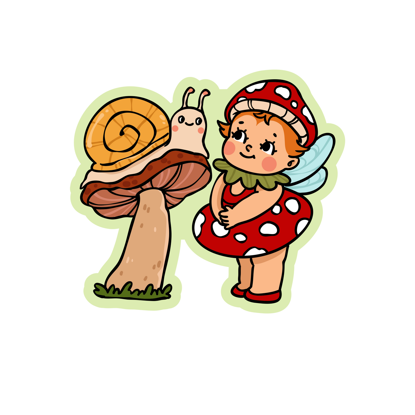 Cartoon fairy with a mushroom and snail on a white background