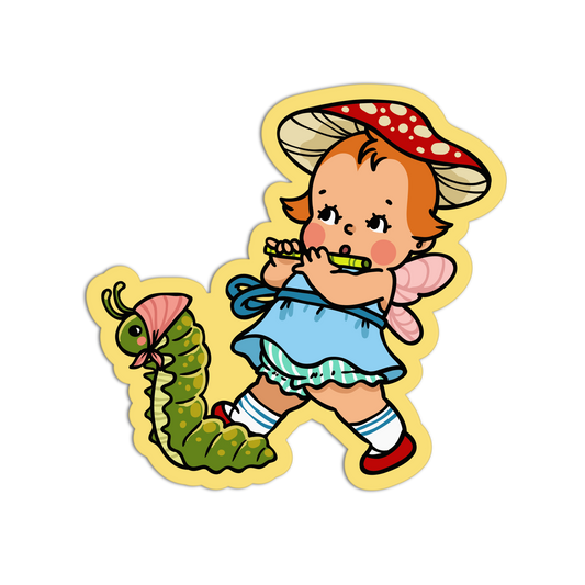 Illustration of a child with a mushroom hat and a large green worm on a white background
