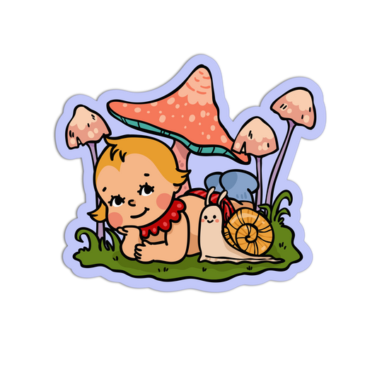 Illustration of a baby with a mushroom and snail on a grassy patch