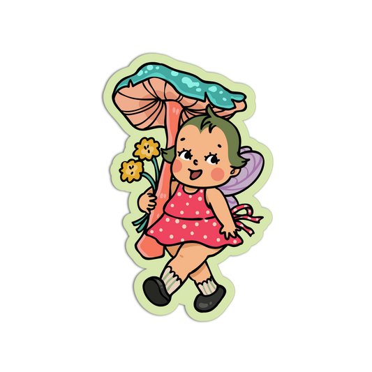 Cartoon character with an umbrella and flower on a white background
