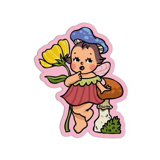 Cartoon fairy holding a yellow flower on a white background