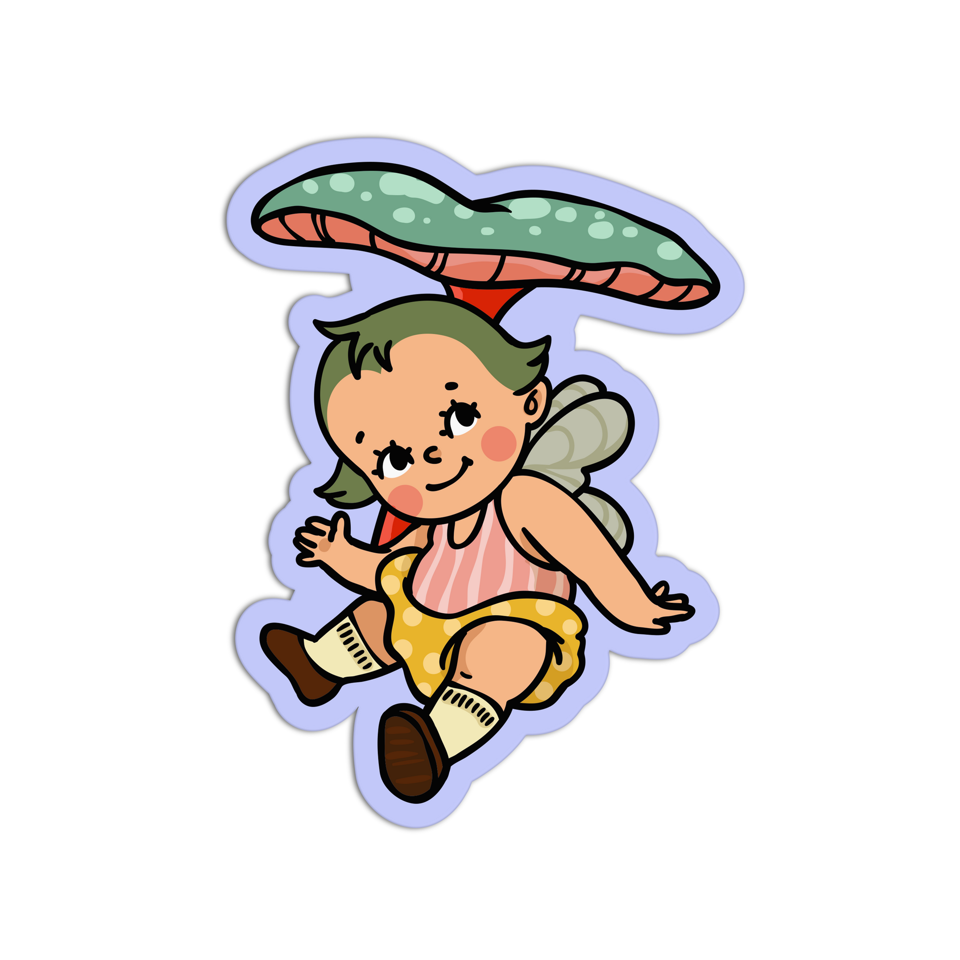 Cartoon fairy character with a mushroom hat on a white background