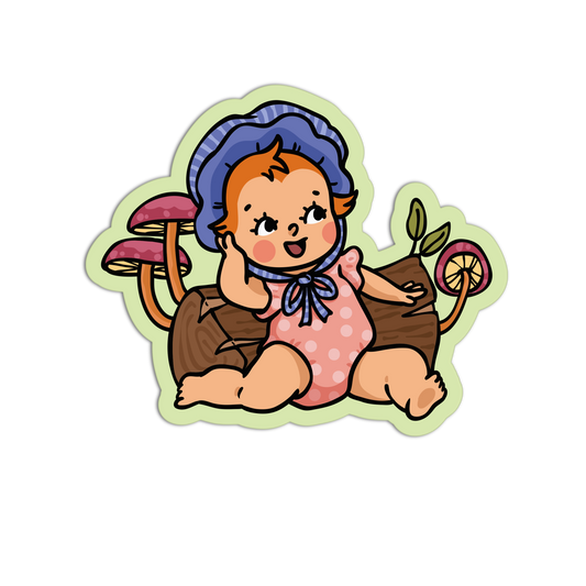Cartoon character with blue hair and pink outfit sitting on a mushroom with a green border.