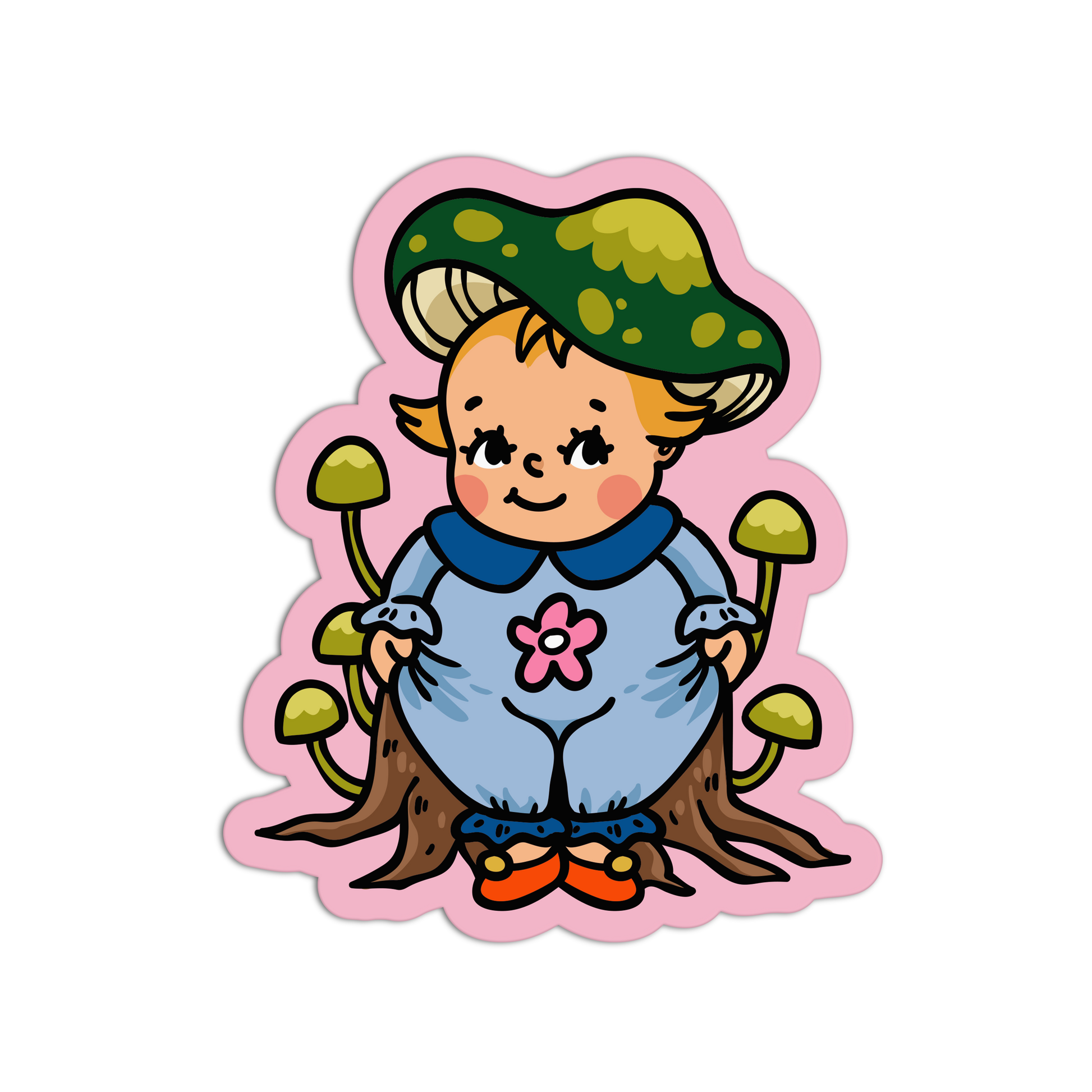 Cartoon character with a green hat and blue outfit sitting on a pink border