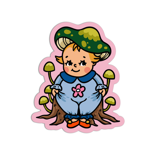 Cartoon character with a green hat and blue outfit sitting on a pink border