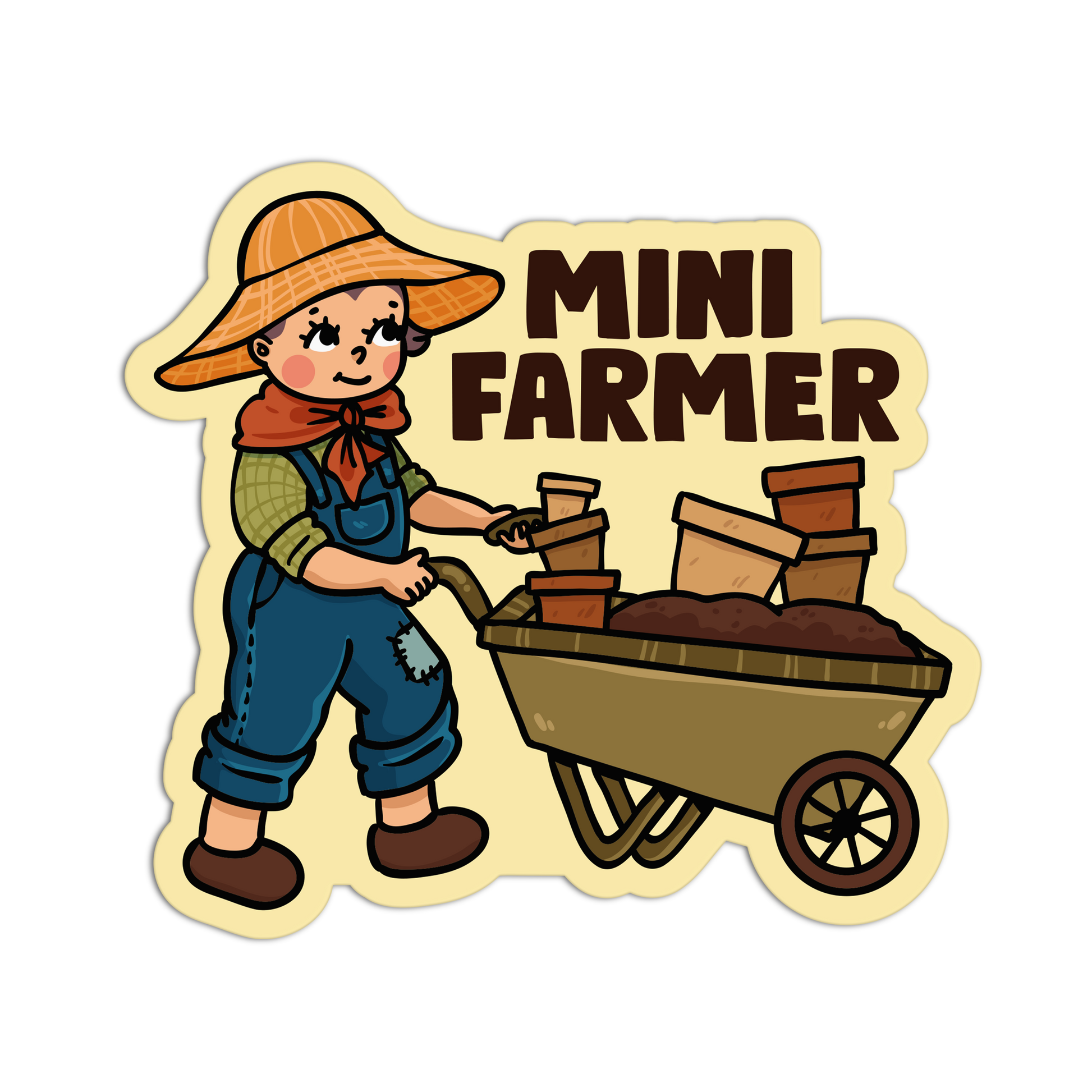 Illustration of a child dressed as a farmer with a wheelbarrow and 'Mini Farmer' text on a beige background