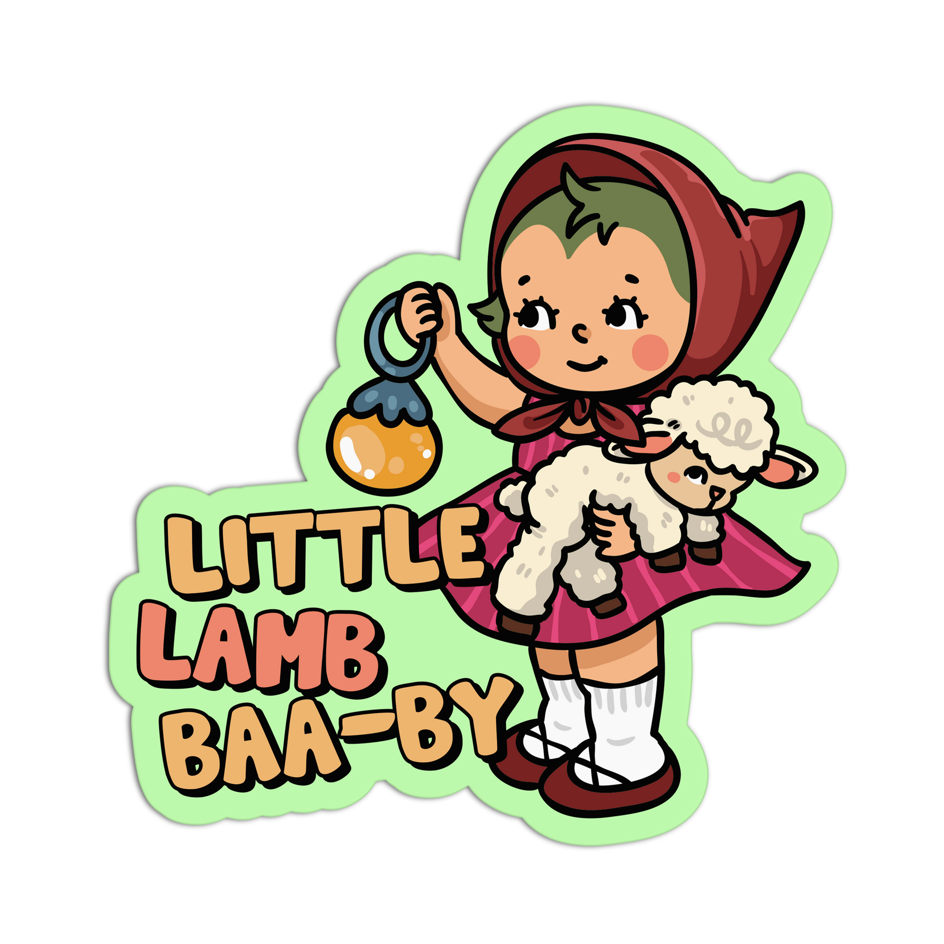 Illustration of a girl in red holding a lamb with text 'Little Lamb Baa-by' on a white background