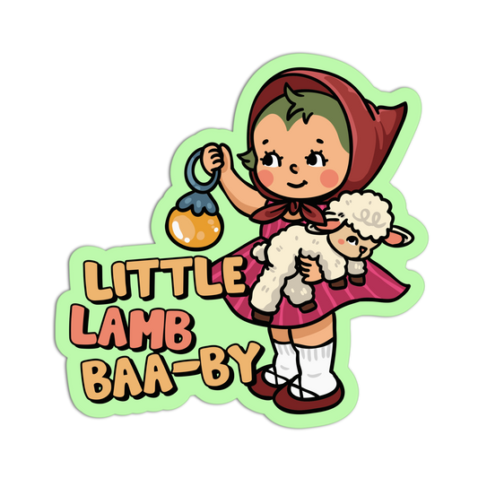Illustration of a girl in red holding a lamb with text 'Little Lamb Baa-by' on a white background