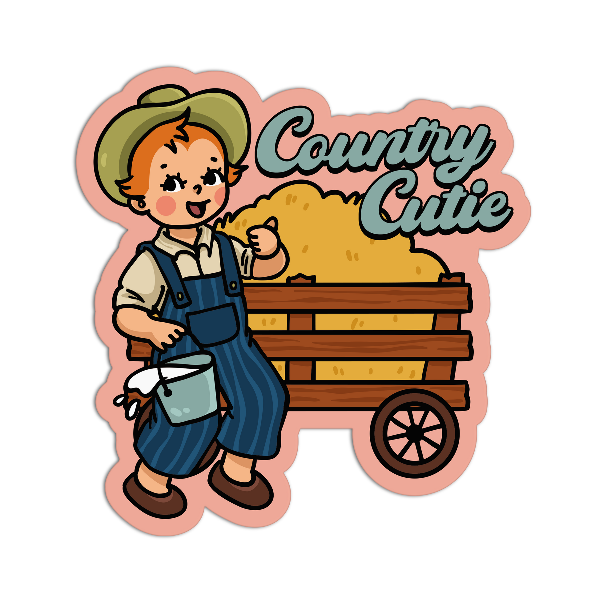 Cartoon boy in overalls with a wagon of hay and 'Country Cutie' text on a pink border.