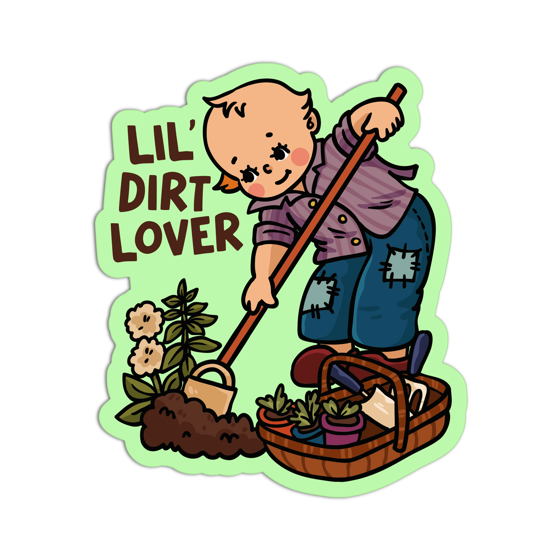 Illustration of a child gardening with text 'LIL' DIRT LOVER' on a green border.