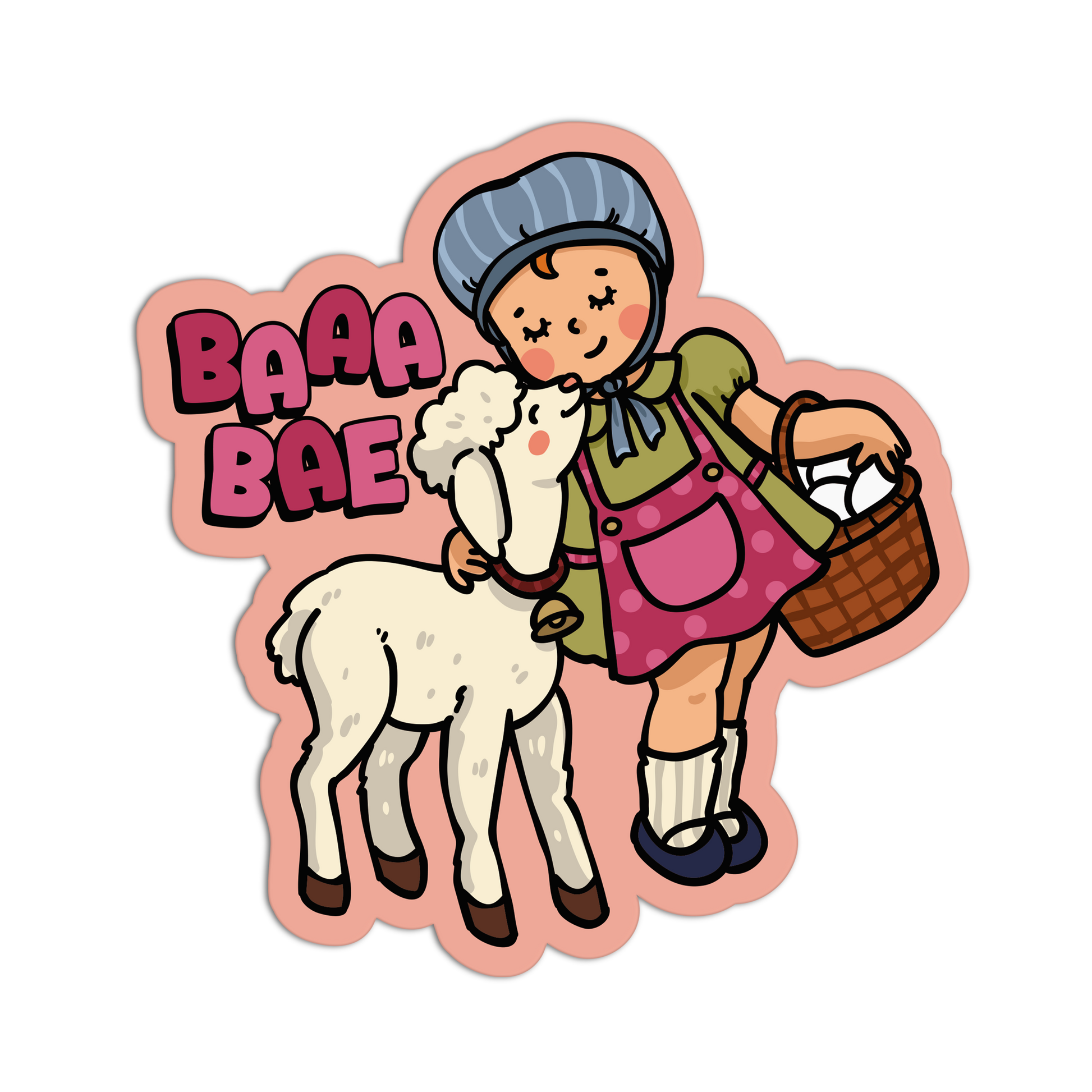 Sticker of a girl with a lamb and 'BAAA BAE' text on a pink border