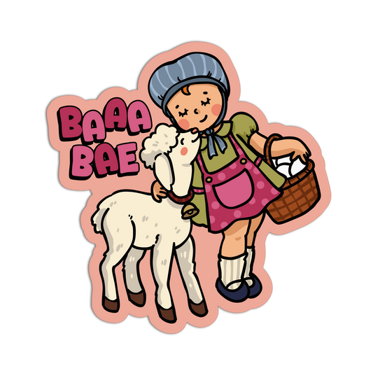 Sticker of a girl with a lamb and 'BAAA BAE' text on a pink border