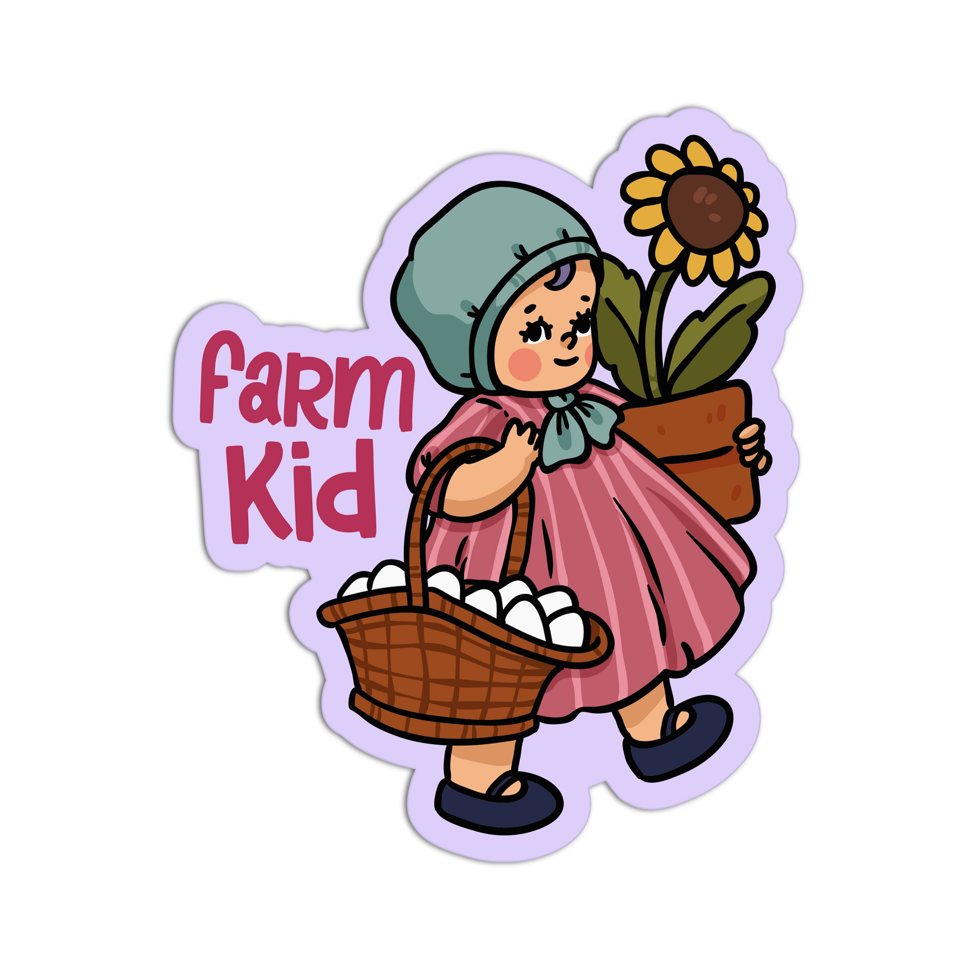 Illustration of a 'Farm Kid' holding a basket of eggs and a potted sunflower.