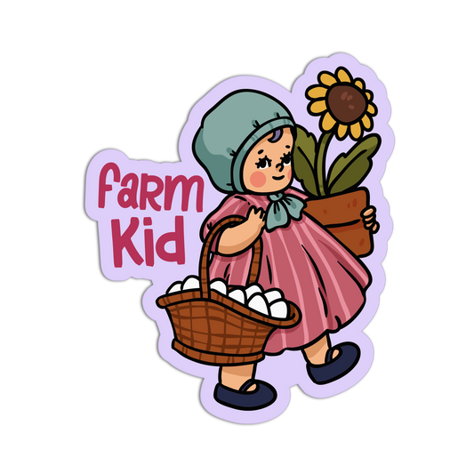 Illustration of a 'Farm Kid' holding a basket of eggs and a potted sunflower.
