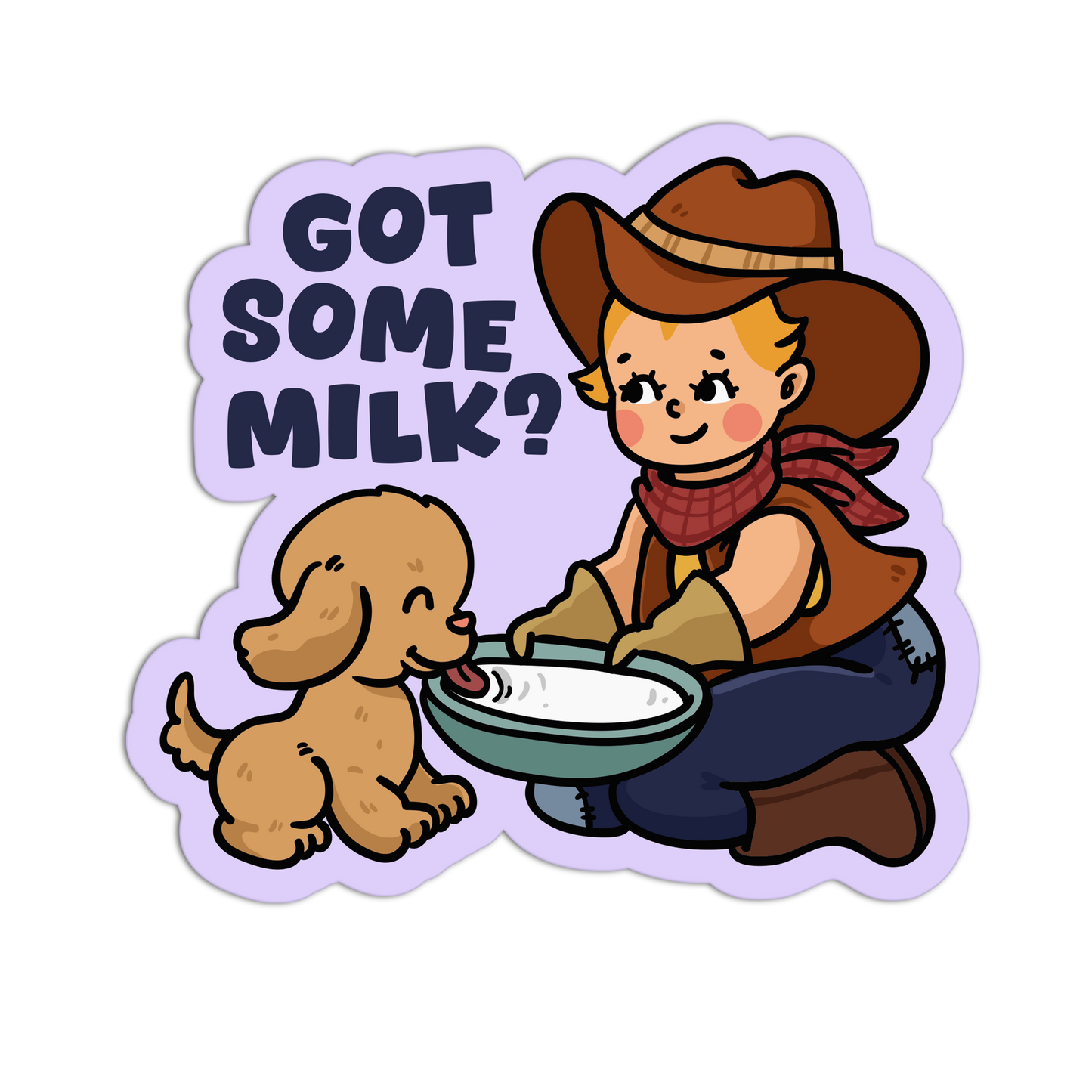 Cartoon cowboy with a dog and 'Got Some Milk?' text on a white background