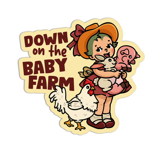 Sticker with a cartoon girl holding a lamb and piglet, surrounded by farm animals with 'Down on the Baby Farm' text.