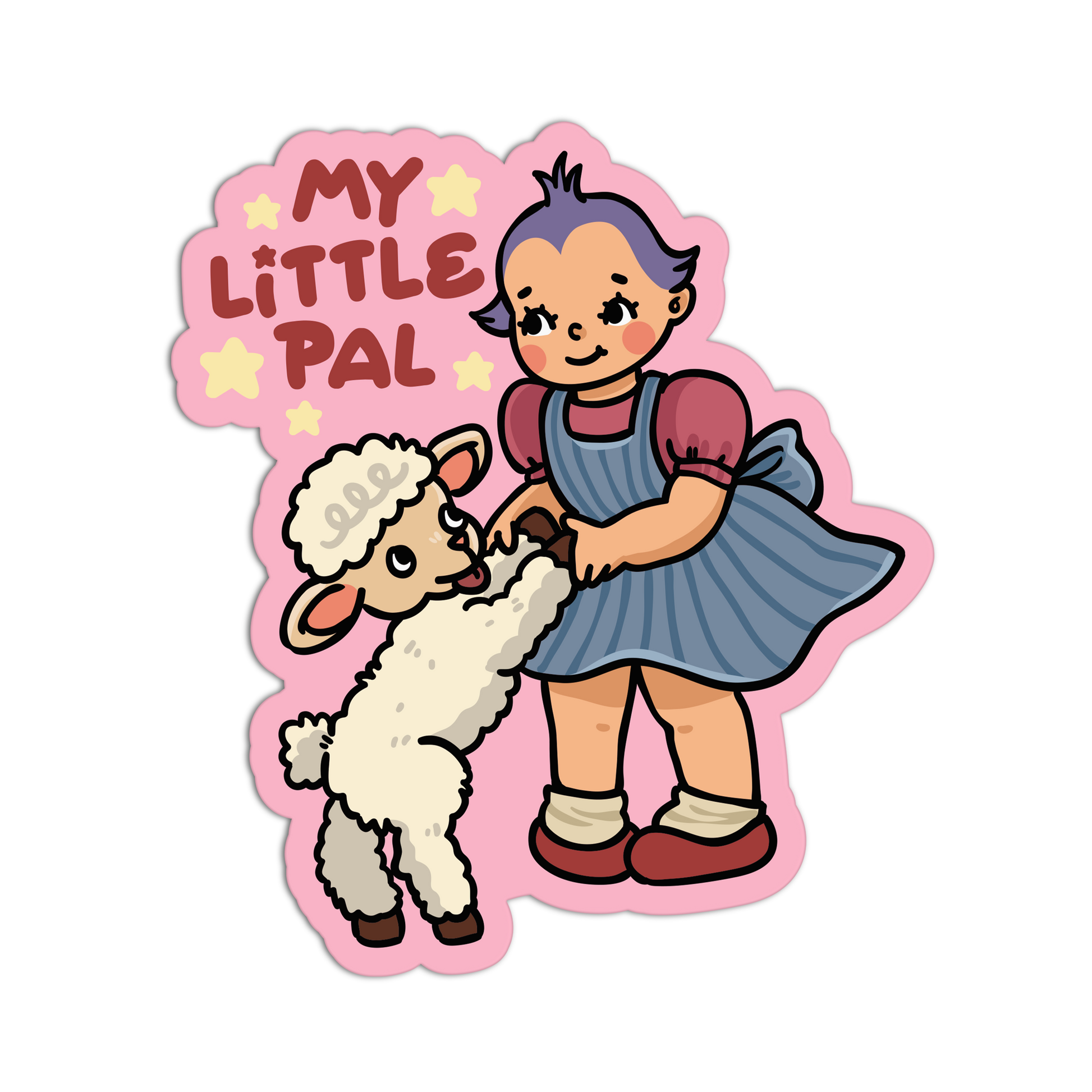 Sticker of a girl holding a lamb with 'My Little Pal' text on a pink background