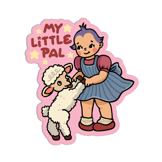 Sticker of a girl holding a lamb with 'My Little Pal' text on a pink background