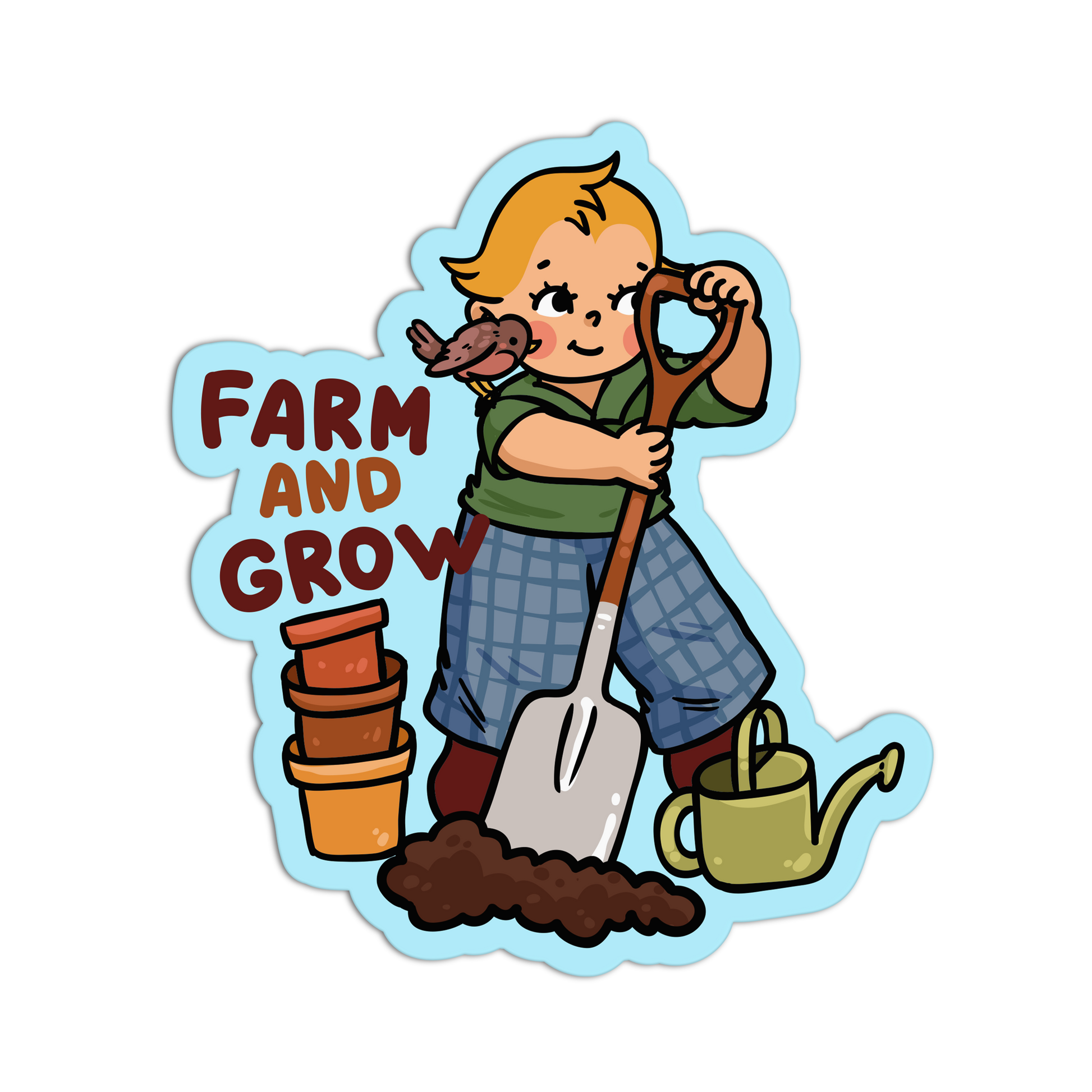 Illustration of a child with gardening tools and 'Farm and Grow' text on a white background