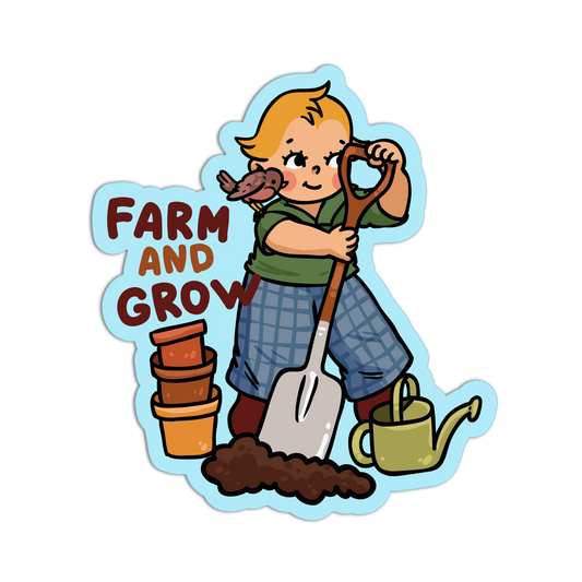 Illustration of a child with gardening tools and 'Farm and Grow' text on a white background