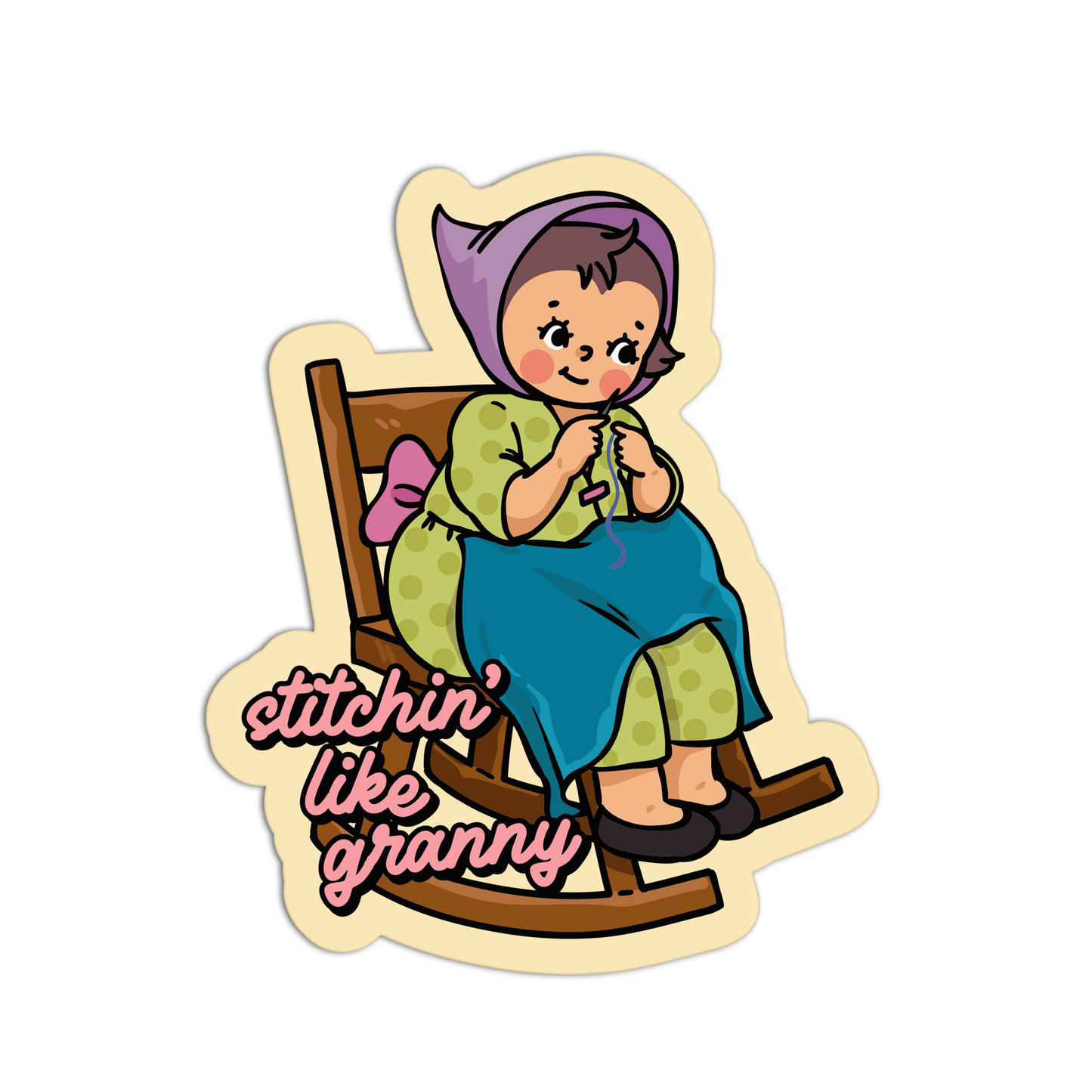 Sticker of a cartoon character sitting in a rocking chair with 'stitchin like granny' text.