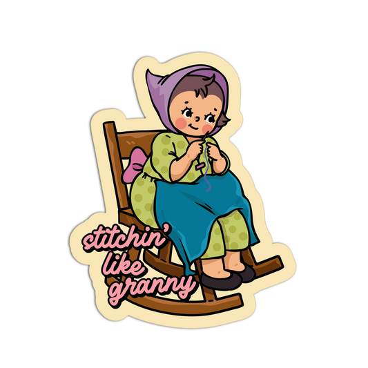 Sticker of a cartoon character sitting in a rocking chair with 'stitchin like granny' text.