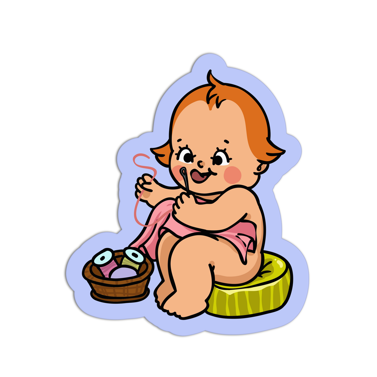 Cartoon baby sitting on a barrel with yarn, surrounded by a blue outline.