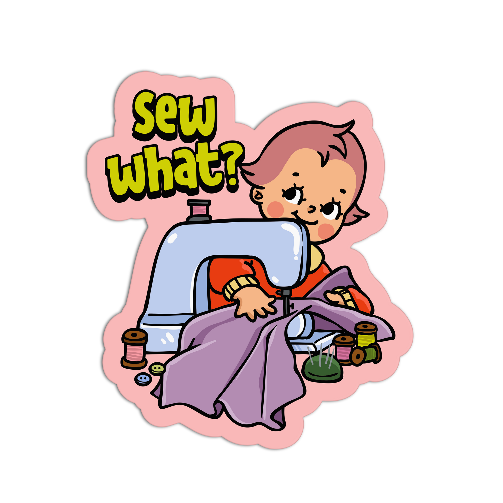 Cartoon character sewing with text 'Sew what?' on a pink border