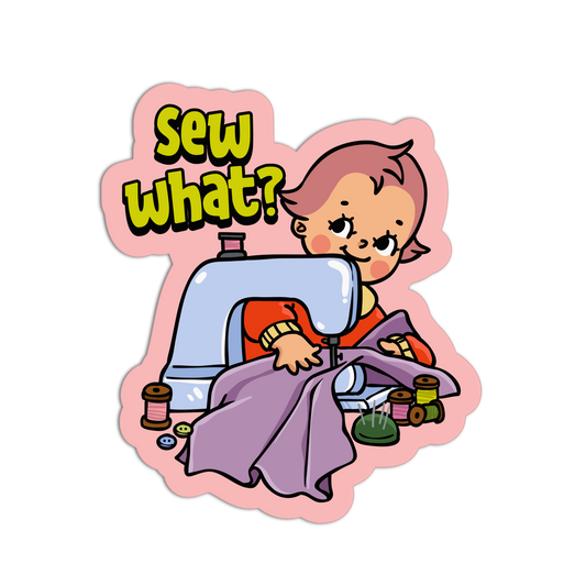 Cartoon character sewing with text 'Sew what?' on a pink border