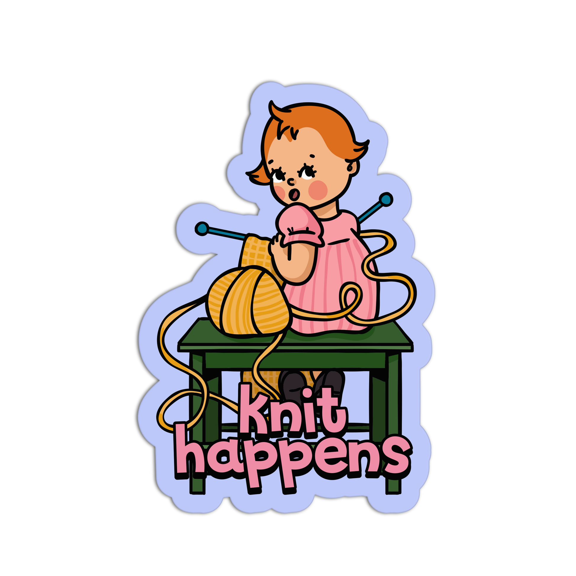 Sticker with a cartoon girl knitting and 'Knit Happens' text on a white background