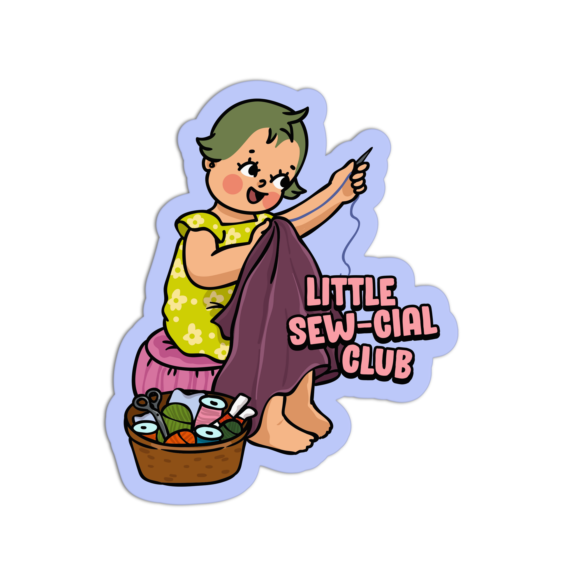Illustration of a girl with sewing materials and 'Little Sew-Cial Club' text on a white background