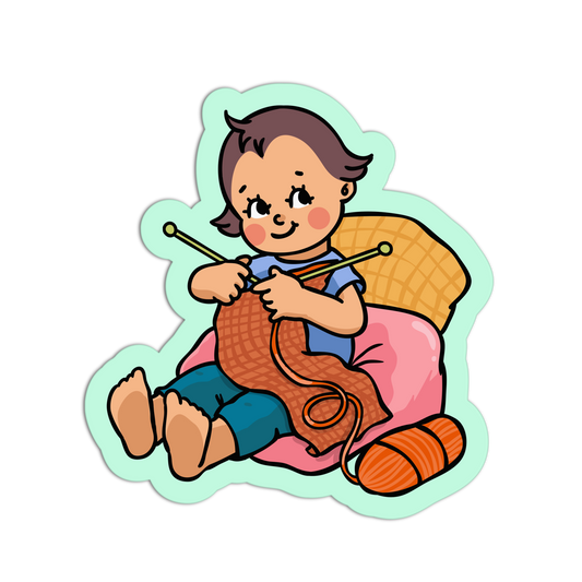 Cartoon child knitting with yarn and needles on a white background