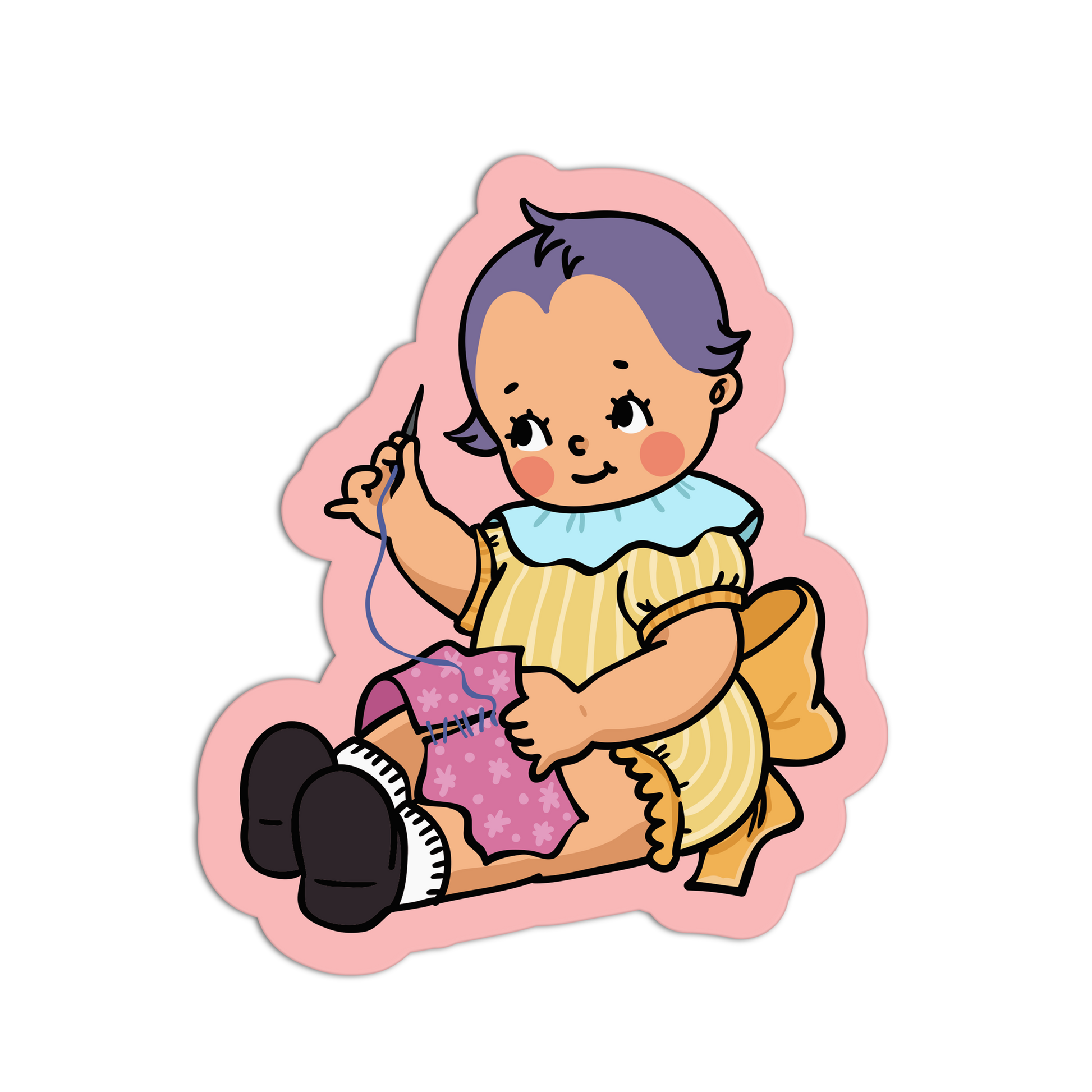 Illustration of a child knitting with a pink border on a white background