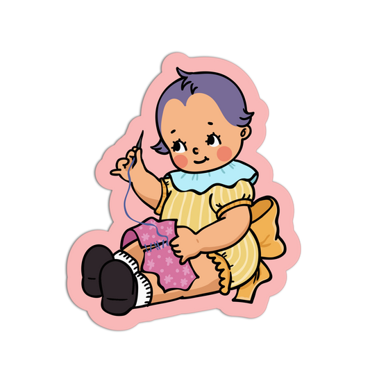 Illustration of a child knitting with a pink border on a white background