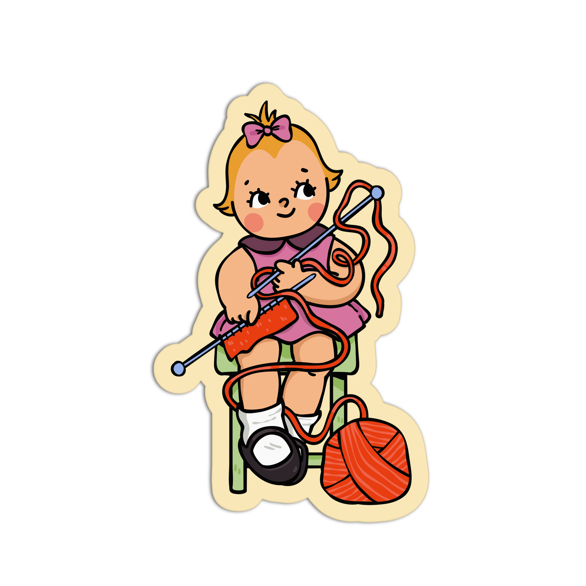 Illustration of a girl with knitting supplies on a white background