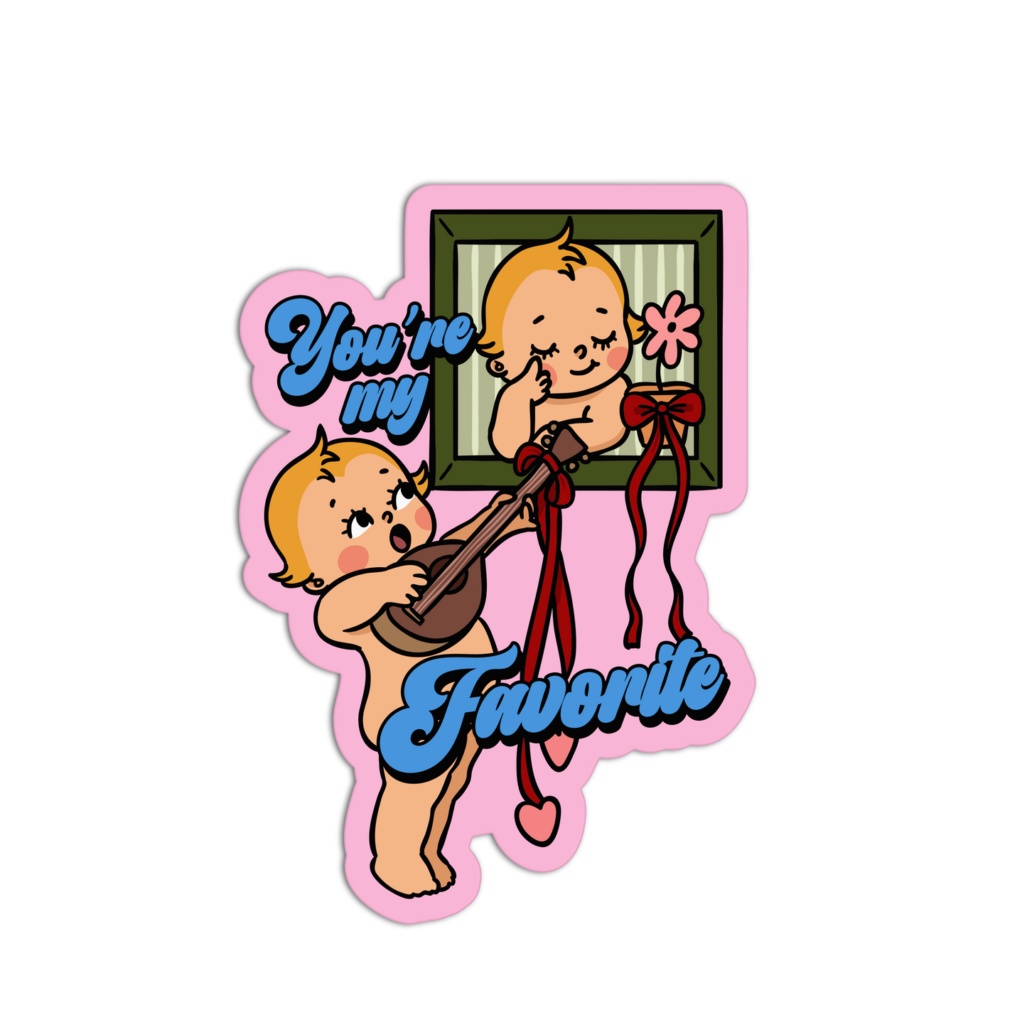 Cartoon baby holding a bow with text 'You're my favorite' on a pink background