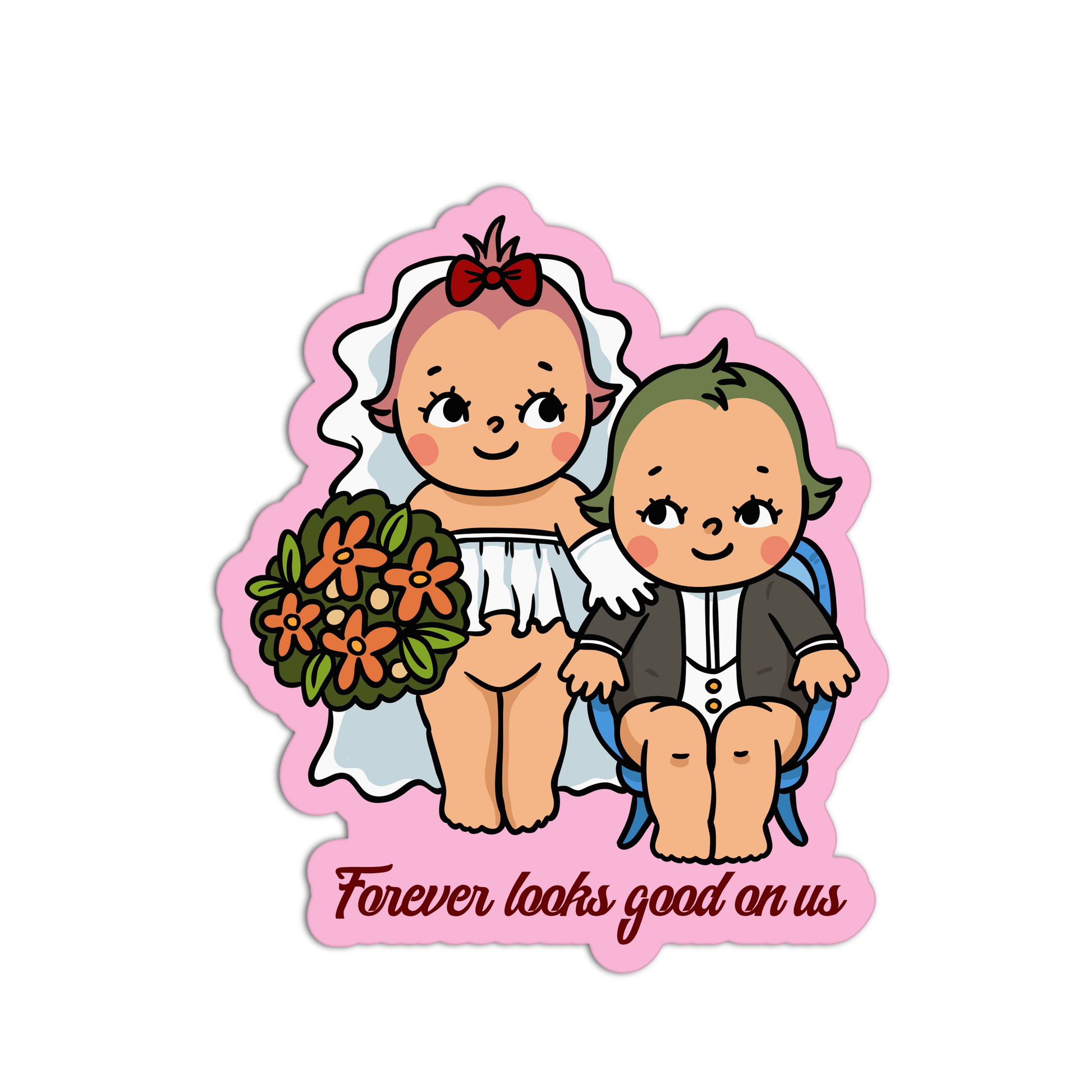 Illustration of a bride and groom with flowers on a pink border, featuring the text 'Forever looks good on us'.