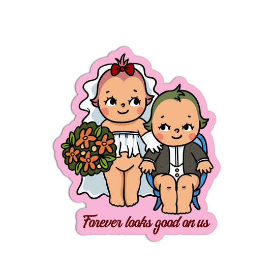 Illustration of a bride and groom with flowers on a pink border, featuring the text 'Forever looks good on us'.