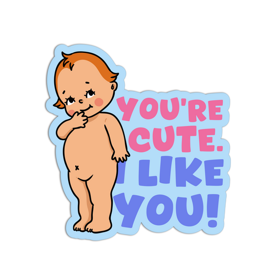 Cartoon baby with text 'You're cute. Like you!' on a light blue background