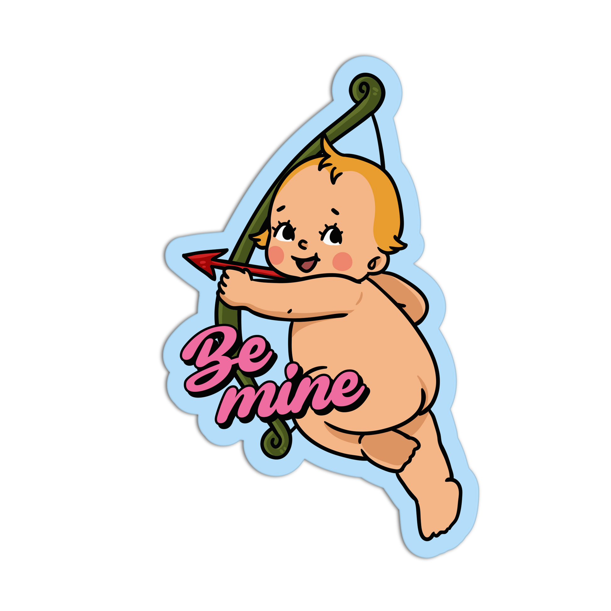 Cartoon baby holding an arrow with 'Be mine' text on a white background