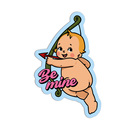 Cartoon baby holding an arrow with 'Be mine' text on a white background